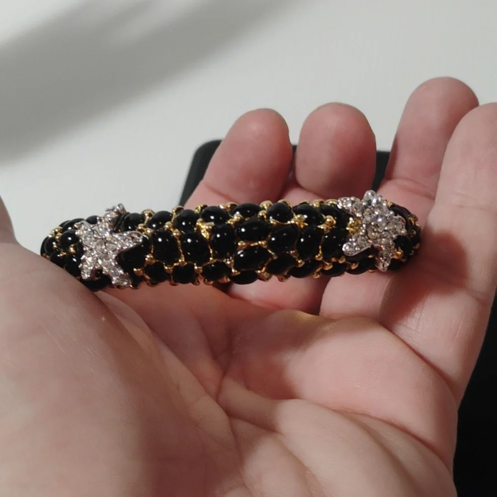 Kenneth Jay Lane Bangle Bracelet featuring black cabochons and crystal starfish - Picture 7 of 8